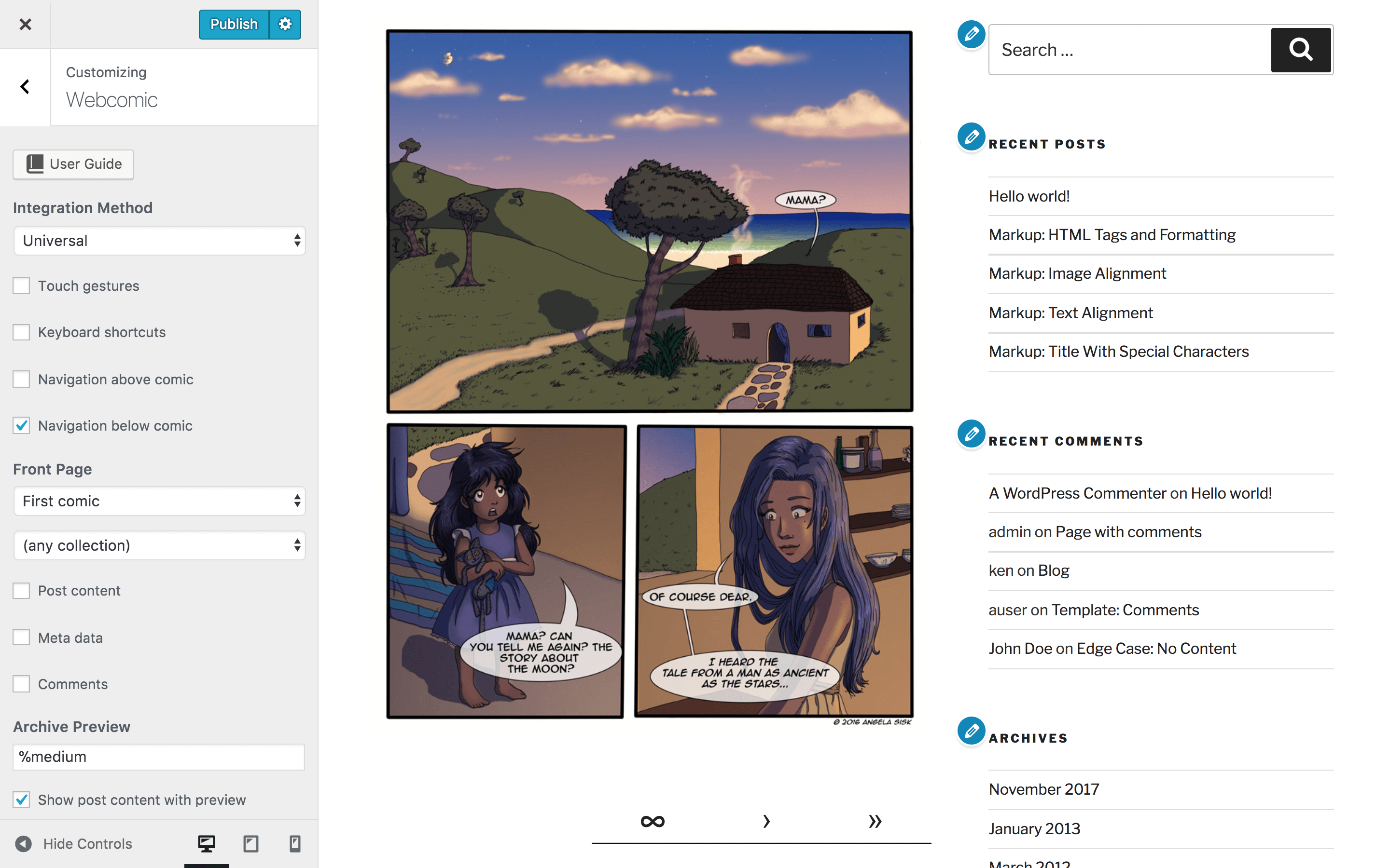 The Webcomic section of the WordPress Customizer.